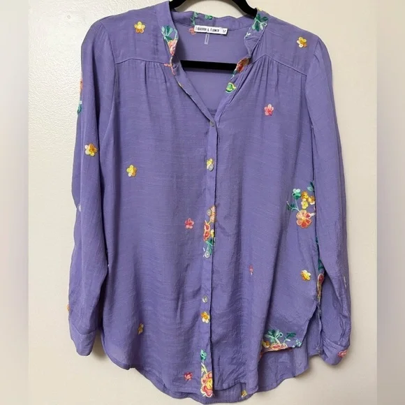 Lavender gauzy embroidered Floral Button-Up Blouse with underneath tank - Picture 9 of 11